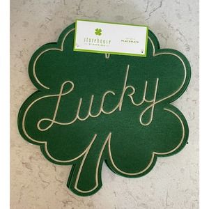 NEW St Patrick’s Day LUCKY (4) Placemats Shamrock Green W/ Gold Embroidery Felt